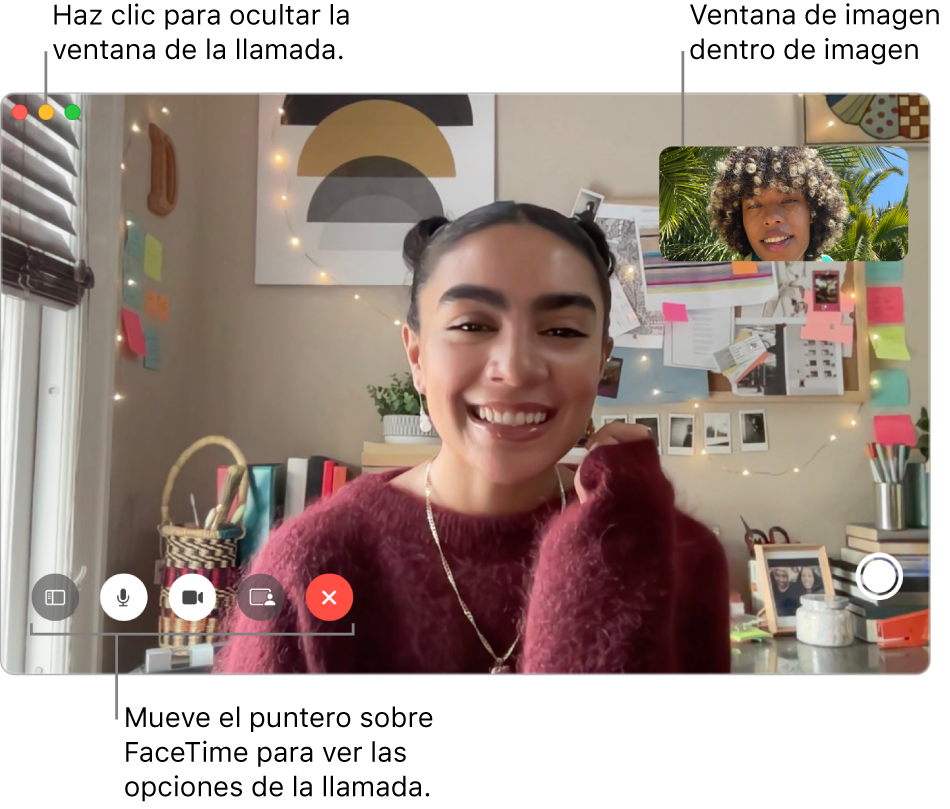 Mueve el puntero sobre la ventana de FaceTime para ver opciones como Barra lateral, Silenciar, Desactivar video, Compartir pantalla, Finalizar, y Live Photo. Haz clic en el botón central en la esquina superior izquierda para ocultar la ventana de la llamada. La ventana de PIP aparece en la esquina superior derecha.