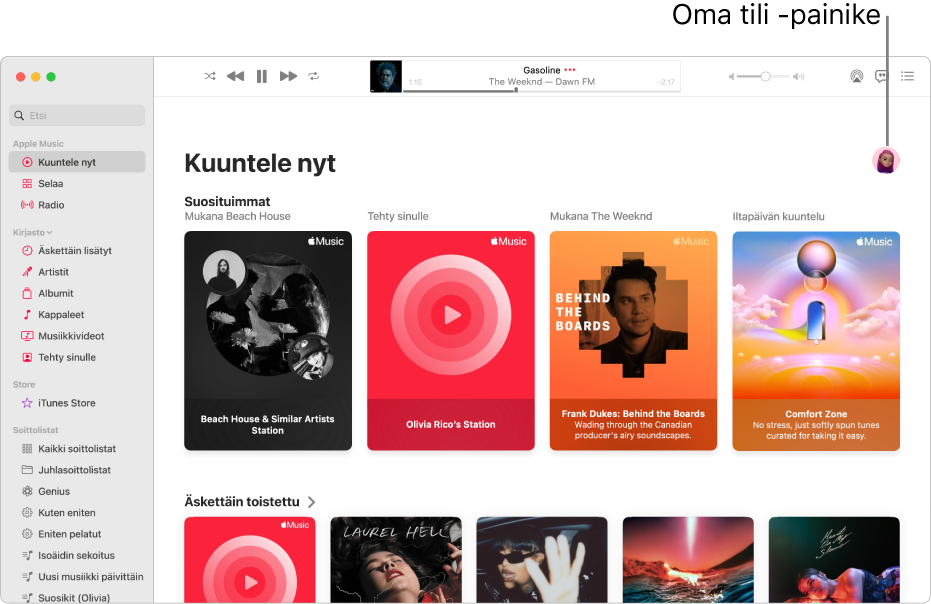 Apple Music ‑ikkuna, jossa näkyy Kuuntele nyt. Oman tilin painike (näyttää valokuvalta tai nimikirjaimilta) on ikkunan oikeassa yläkulmassa.