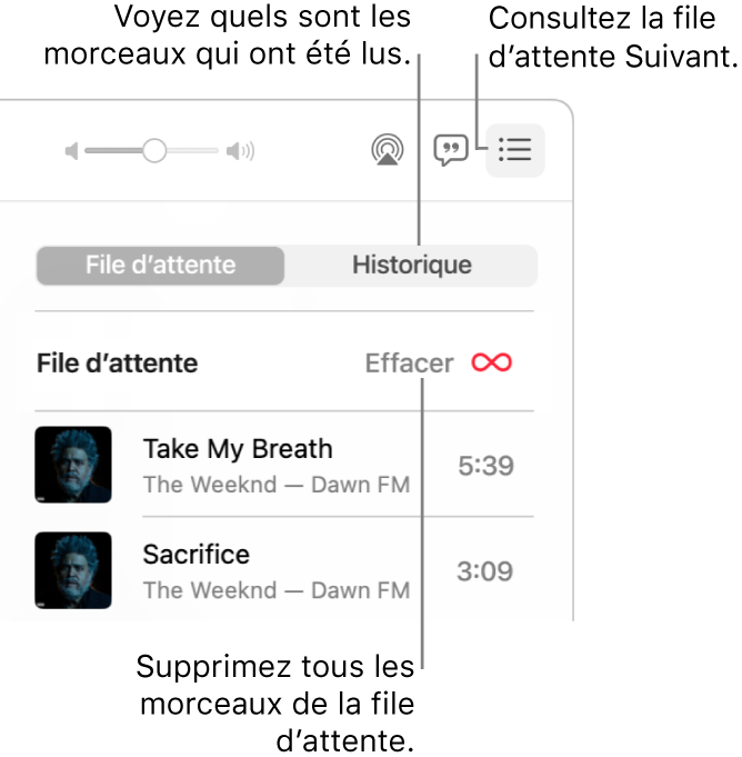 Le coin supérieur droit de la fenêtre Musique avec le bouton Suivant dans la bannière montrant la file d’attente Suivant. Cliquez sur le lien Historique pour consulter les morceaux déjà écoutés. Cliquez sur le lien Effacer pour supprimer tous les morceaux de la file d’attente.