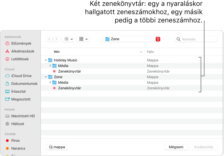 A Finder ablaka több könyvtárral – egy a nyaraláshoz használt zenékkel, míg a másik a többi zenékkel.