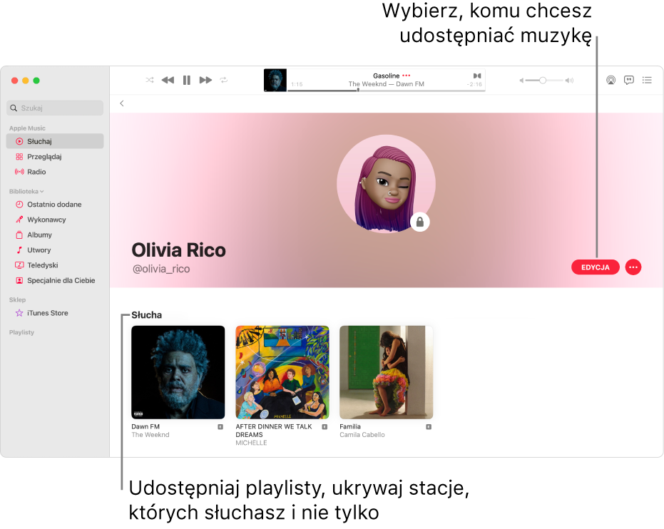 Strona profilu w Apple Music: po prawej stronie okna kliknij w Edycja, aby wybrać, kto może Cię obserwować. Kliknij w przycisk dodatkowych opcji po prawej stronie przycisku Edycja, aby udostępnić muzykę.