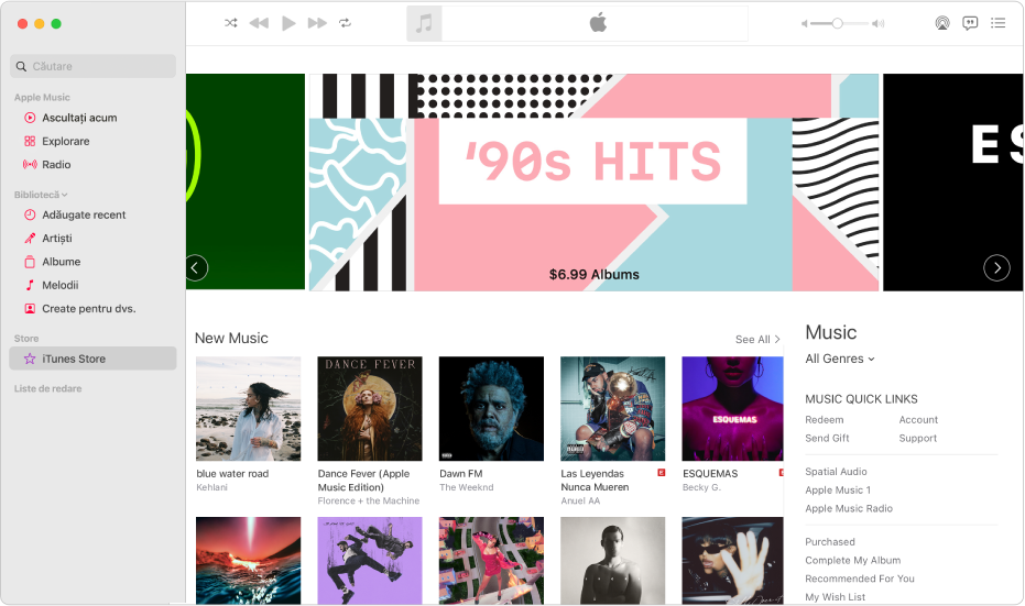 Fereastra principală iTunes Store: în bara laterală, este evidențiat iTunes Store.