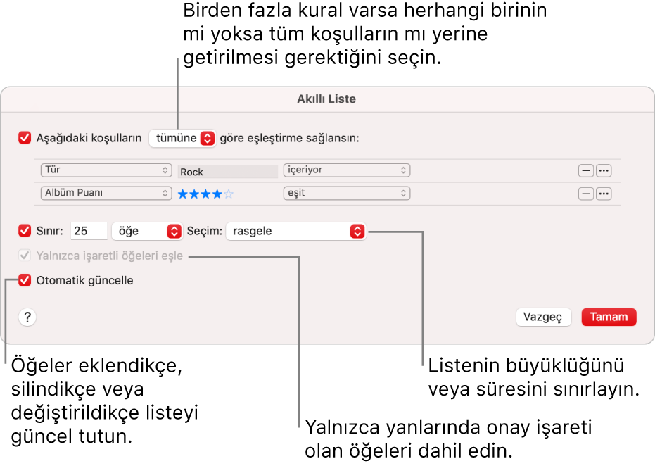 Akıllı Liste sorgu kutusu: Sol üst köşede Match’i seçin ve ardından liste kriterlerini (tür veya beğeni düzeyi gibi) belirleyin. Sağ üst köşedeki Ekle veya Sil düğmesini tıklayarak kural eklemeye veya silmeye devam edin. Sorgu kutusunun alt kısmında listenin boyutunu ve süresini sınırlandırma, yalnızca denetlenen parçaları ekleme veya arşivinizdeki öğeler değiştikçe Müzik’in listeyi güncellemesini sağlama gibi birçok seçenek arasından dilediğinizi belirleyin.