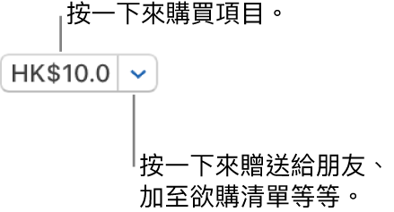 顯示價格的按鈕。按一下價格來購買項目。按一下價格旁的箭嘴來將項目贈予朋友、加至欲購清單等等。