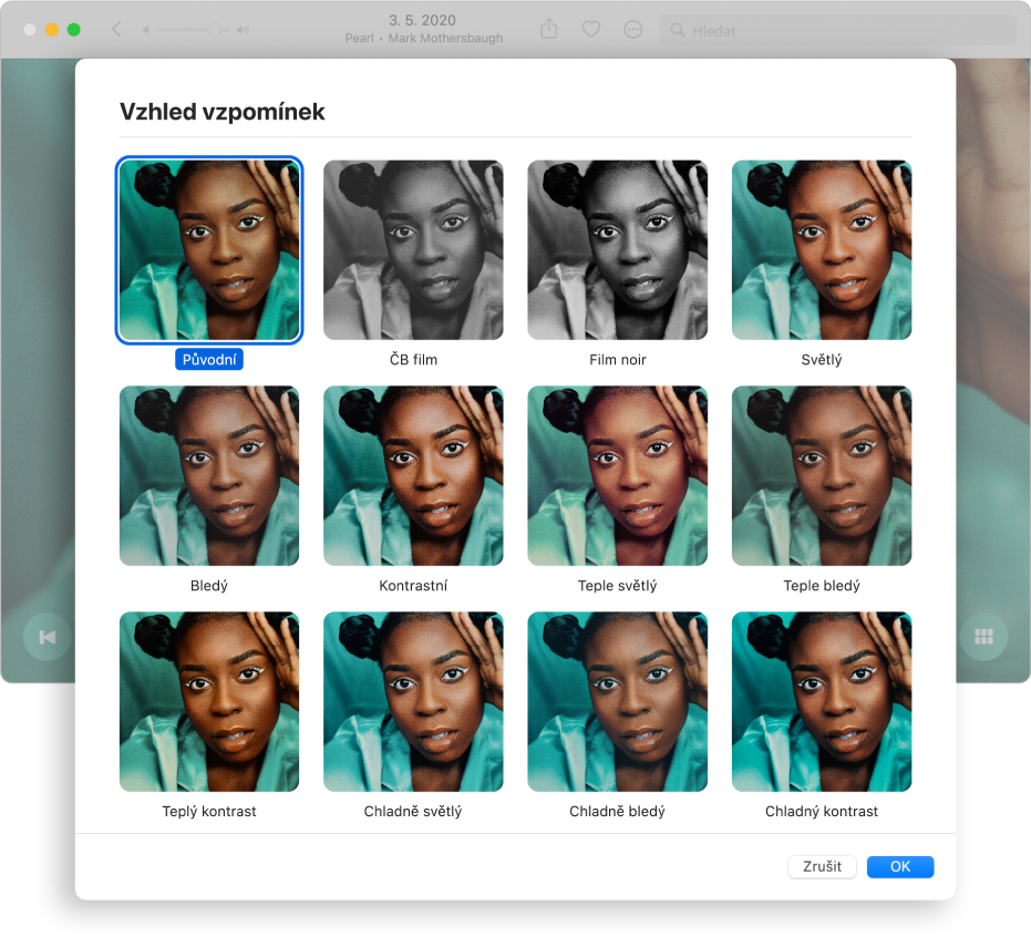 Okno aplikace Fotky zobrazující vzhledy, které můžete použít na položkách ve vzpomínce