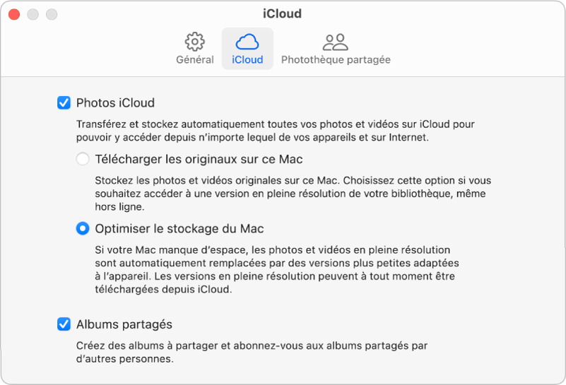 La sous-fenêtre iCloud des réglages Photos.