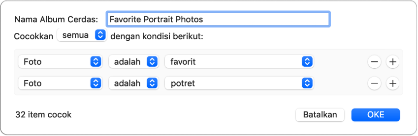 Dialog menampilkan kriteria untuk Album Cerdas yang mengumpulkan foto potret yang telah ditandai sebagai favorit.