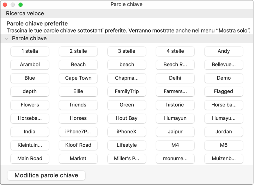 Le parole chiave nella finestra “Gestore parole chiave”, con l'area “Ricerca veloce” nella parte superiore e il pulsante “Modifica parole chiave” nella parte inferiore sinistra.