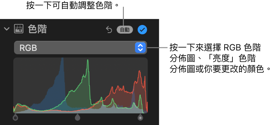 「調整」面板中的「色階」控制項目，右上方顯示「自動」按鈕，下方顯示 RGB 色階分佈圖。