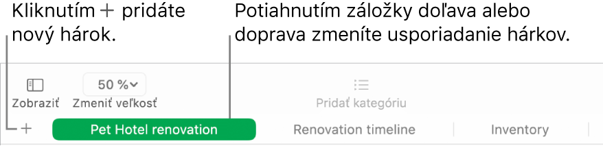 Okno aplikácie Numbers znázorňujúce pridanie nového hárka a zmenu usporiadania hárkov.