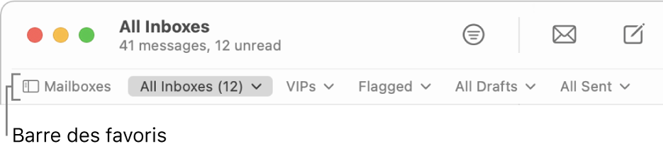 La barre des favoris comprenant le bouton Boîtes aux lettres et les boutons permettant d’accéder aux boîtes aux lettres favorites, telles que VIP et Marqués.