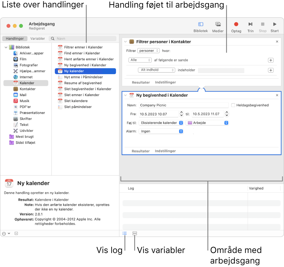 Automator-vinduet. Biblioteket vises helt til venstre og indeholder en liste over apps, som Automator har handlinger til. Appen Kalender er valgt på listen, og de tilgængelige handlinger i Kalender vises i kolonnen til højre. I højre side af vinduet er en arbejdsgang, der har fået tilføjet en Kalenderhandling.