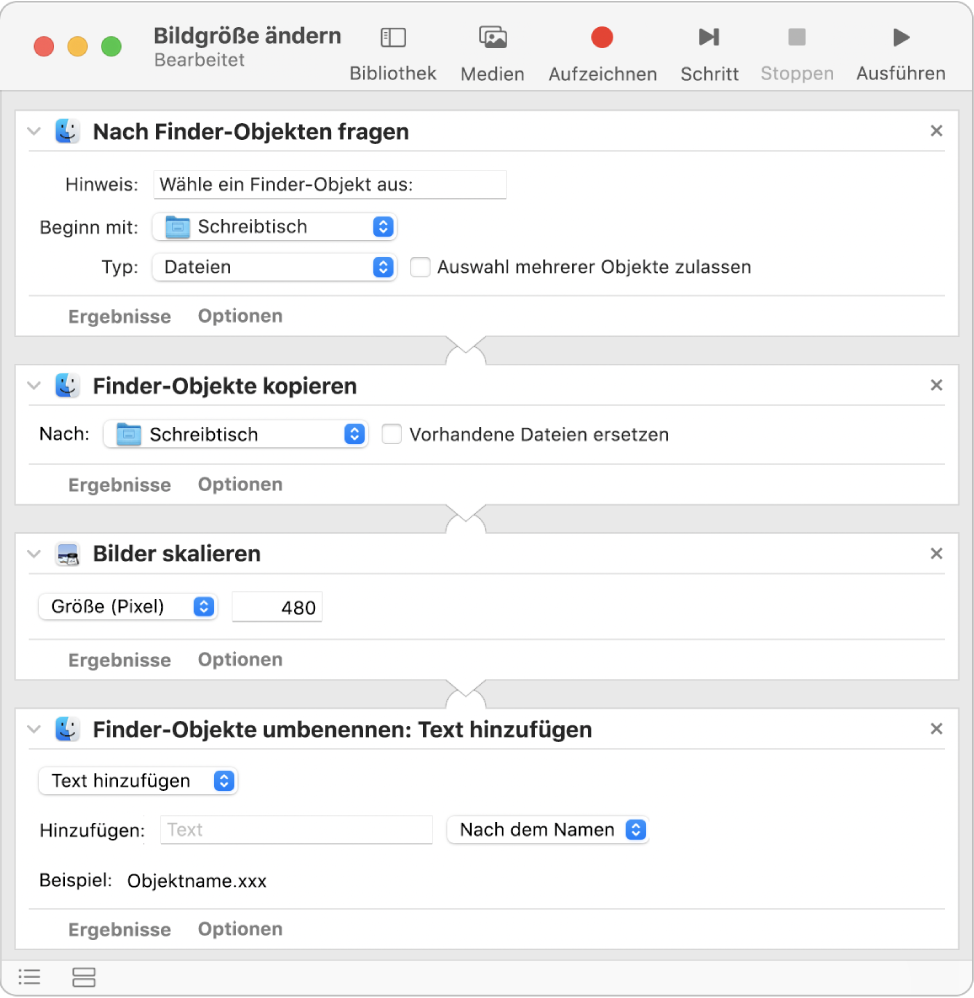 Ein Automator-Arbeitsablauf mit vier Aktionen