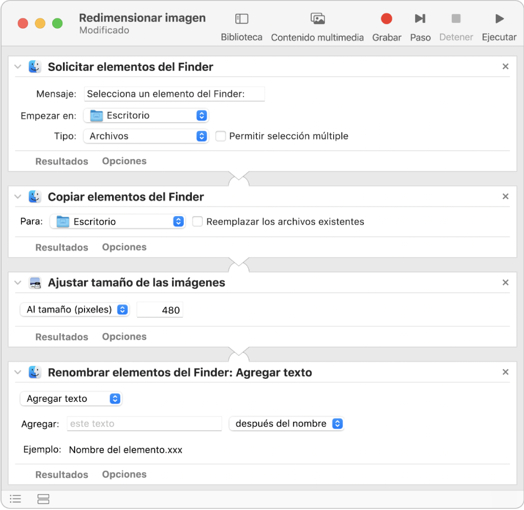 Un flujo de trabajo de Automator con cuatro acciones.