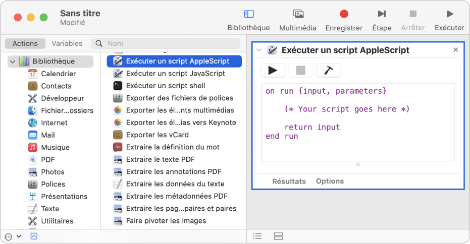 La fenêtre Automator avec une action Exécuter AppleScript.