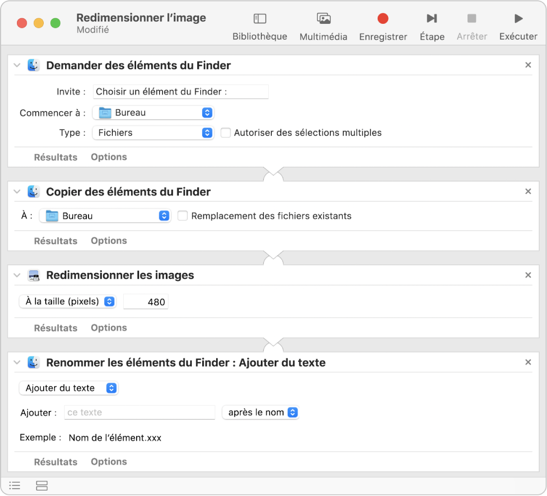 Un processus d’Automator avec quatre actions.