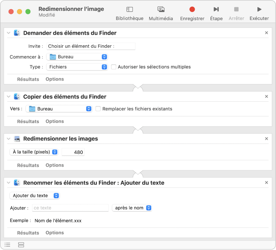 Un processus d’Automator avec quatre actions.