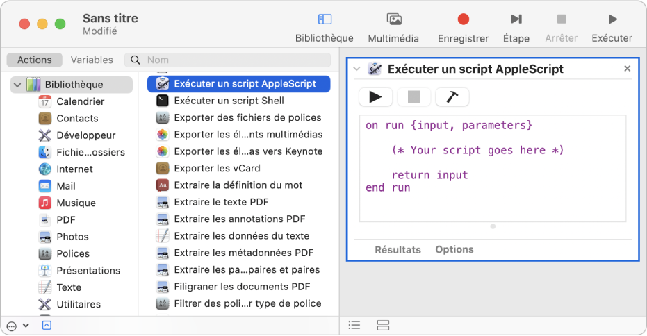 La fenêtre Automator avec une action Exécuter AppleScript.