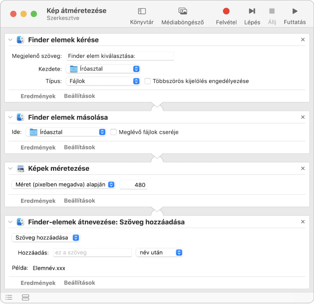 Automator-munkafolyamat négy művelettel.