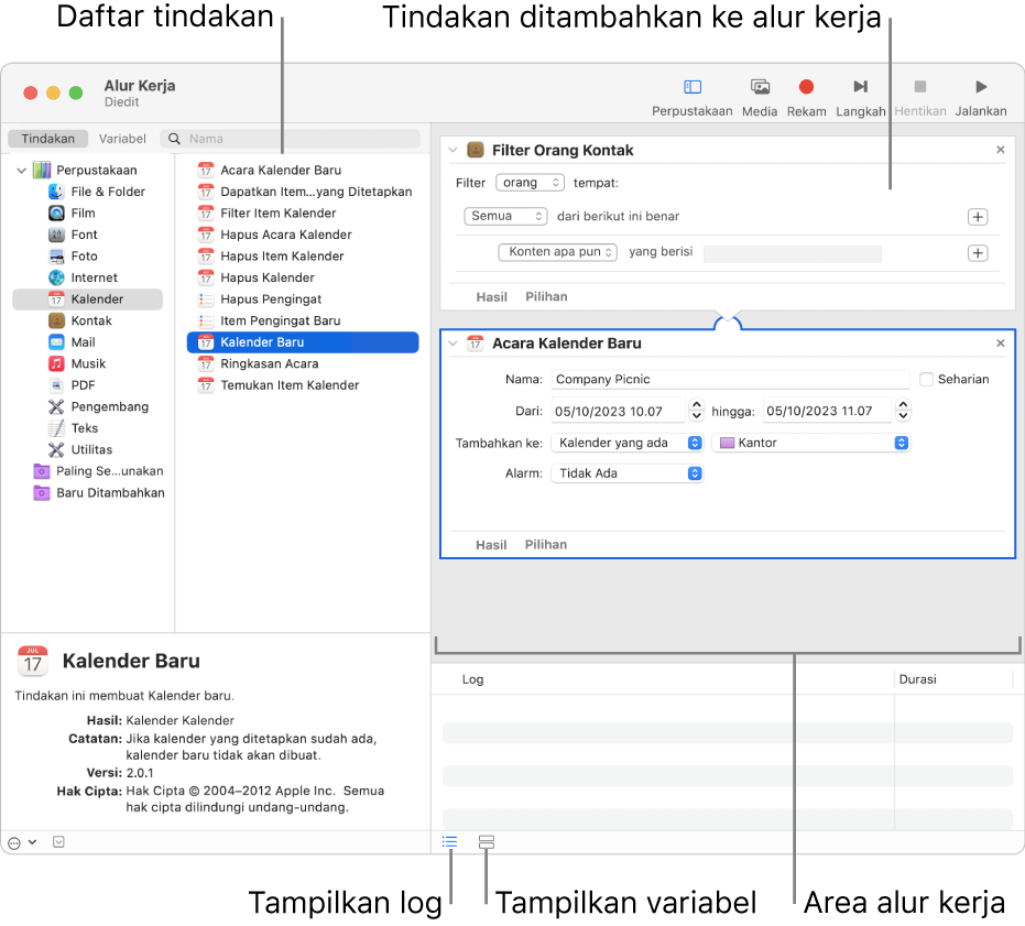 Jendela Automator. Perpustakaan muncul di kiri jauh, dan berisi daftar app yang disediakan tindakan oleh Automator. App Kalender dipilih di daftar, dan tindakan yang tersedia di Kalender tercantum di kolom kanan. Di sisi kanan jendela terdapat alur kerja yang telah ditambahkan dengan tindakan Kalender ke dalamnya.