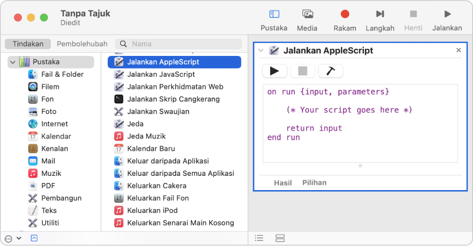 Tetingkap Automator dengan tindakan Jalankan AppleScript.