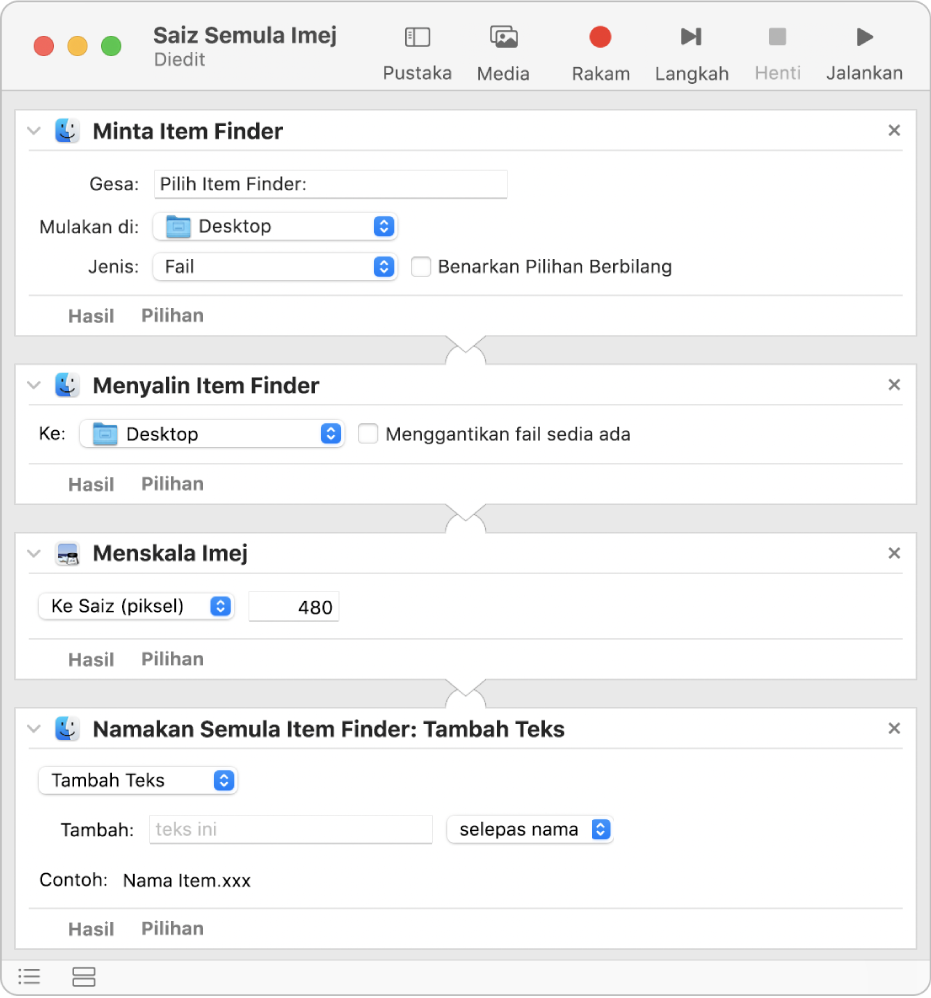 Aliran kerja Automator dengan empat tindakan.