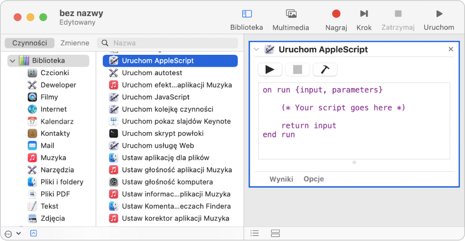 Okno Automatora z czynnością Uruchom AppleScript.