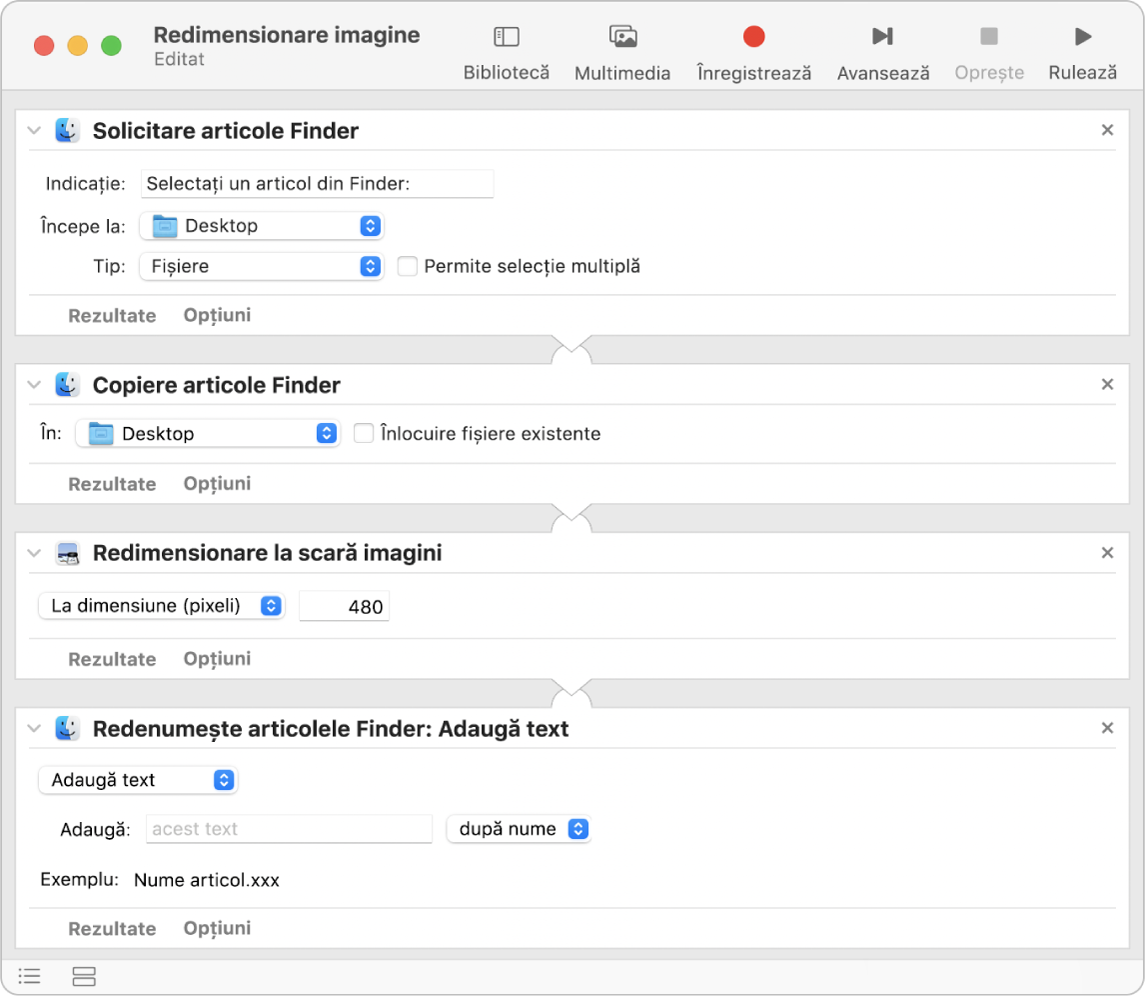 Un flux de lucru Automator cu patru acțiuni.