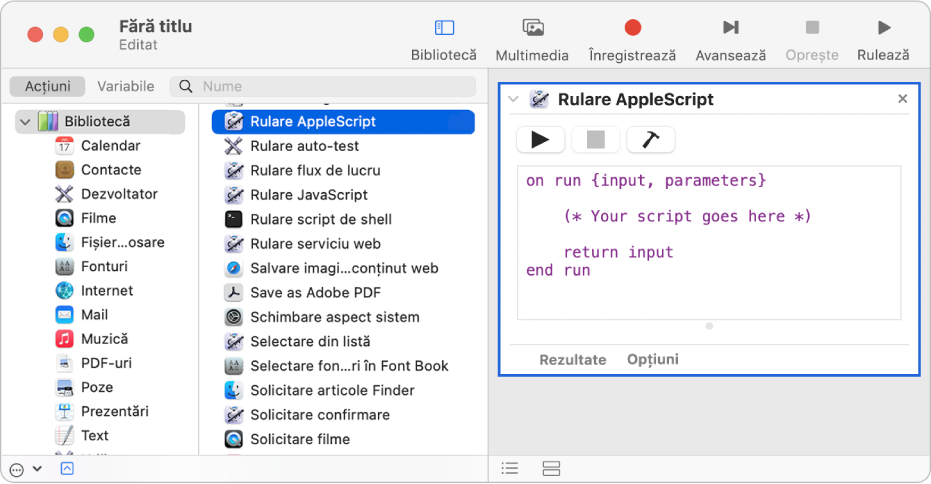 Fereastra Automator cu o acțiune Rulare AppleScript.