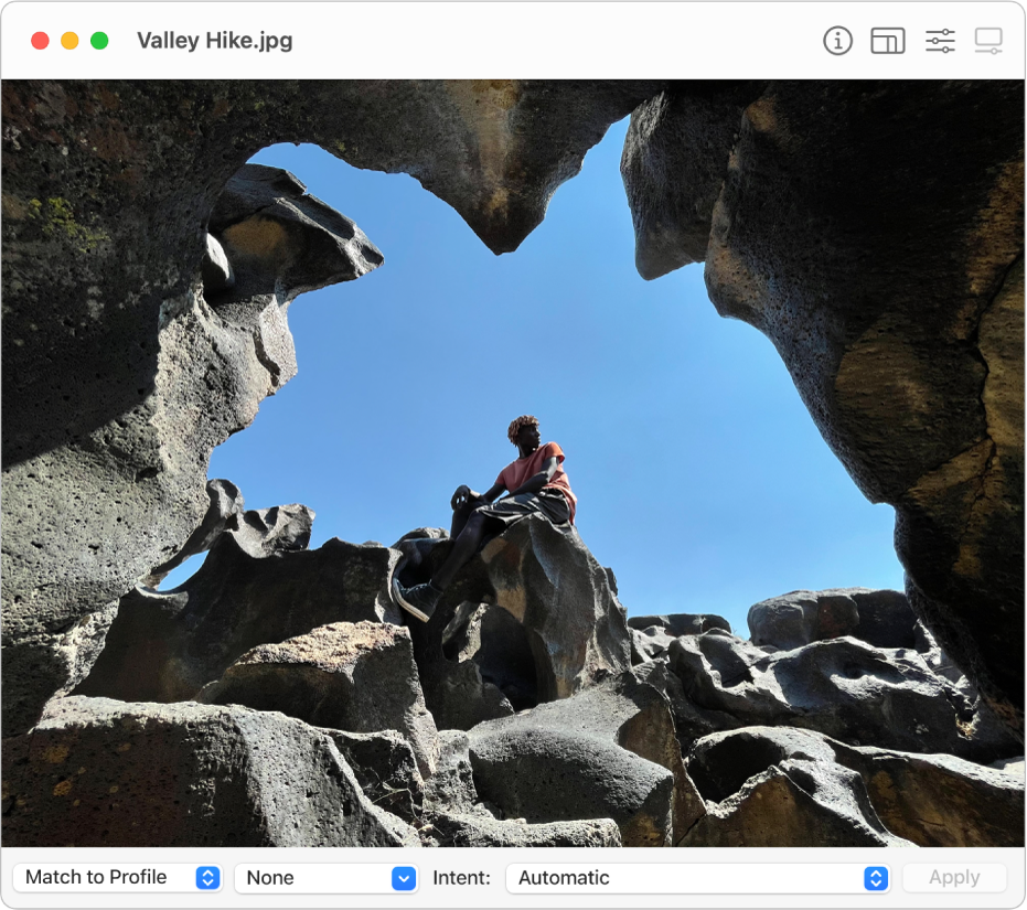 The ColorSync Utility window showing an image of a man in ocean or bay water sitting on a surfboard.