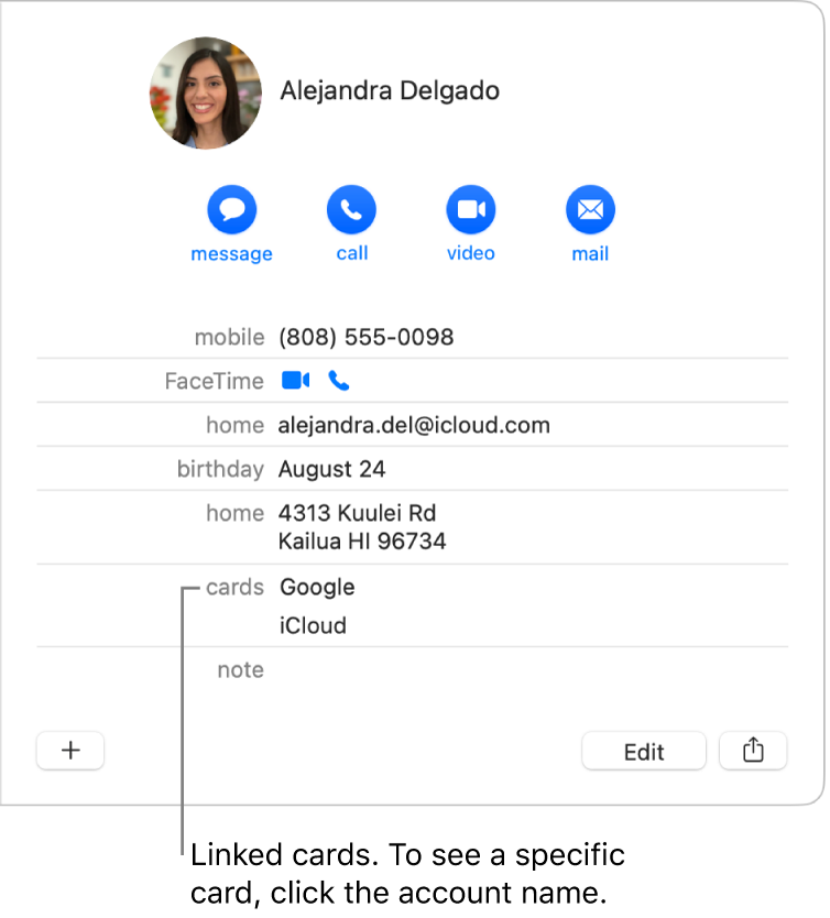 A linked card with two accounts in the Cards section; to see a specific account, click its name.