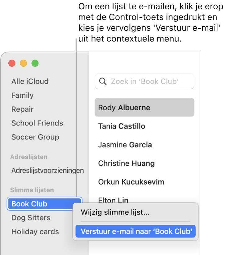 De navigatiekolom van Contacten met een venstermenu waarin het commando is geselecteerd om een e-mail naar de lijst te versturen.