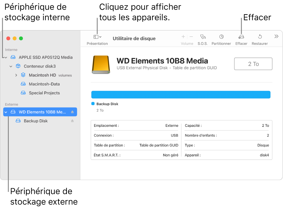 Une fenêtre Utilitaire de disque affichant deux périphériques de stockage en présentation « Afficher tous les appareils ».