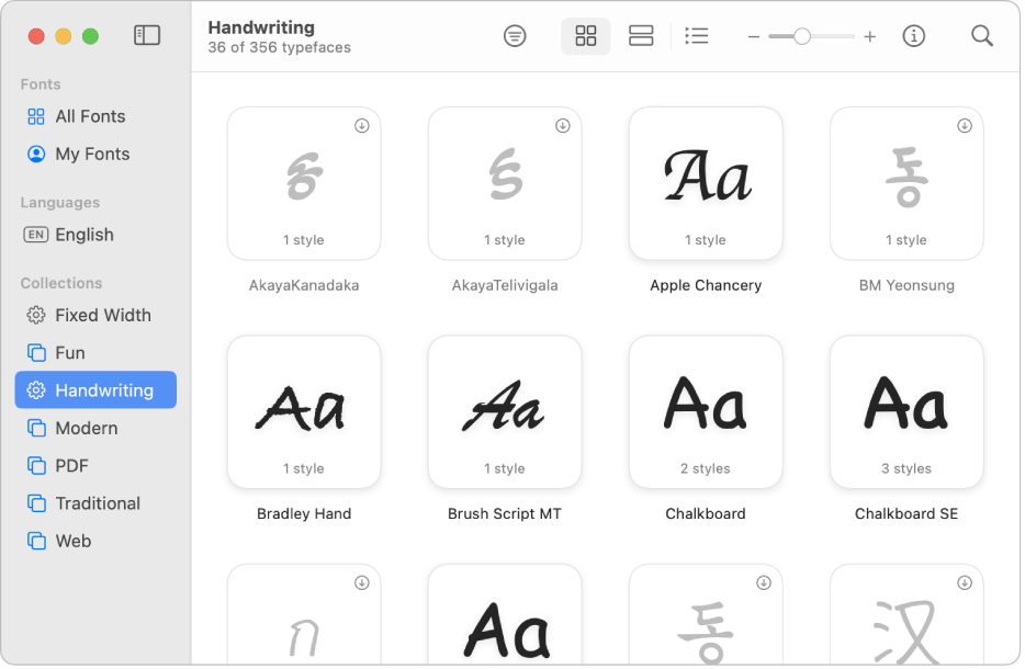 The Font Book window showing the fonts included in the Handwriting font collection.