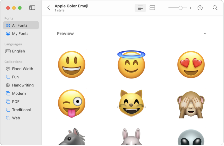 The Font Book window showing a preview of the Apple Color Emoji font.