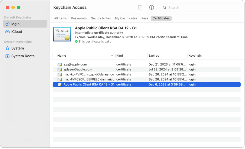 The Keychain Access window showing certificates.