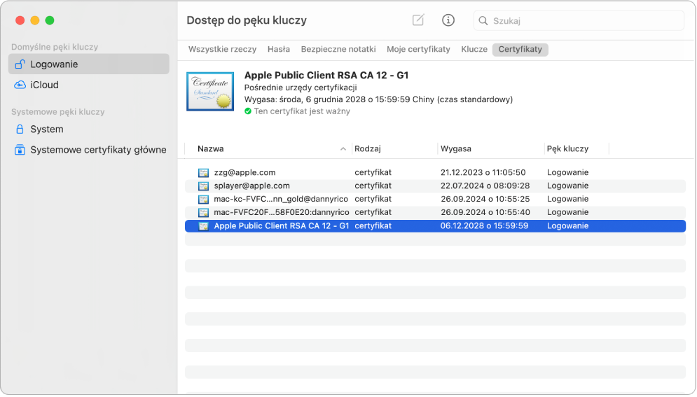 Okno Dostępu do pęku kluczy z widocznymi certyfikatami.