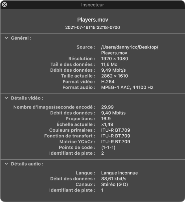 L’inspecteur de vidéo affichant des informations générales sur le fichier, comme la résolution, la taille des données et les formats vidéo et audio. La fenêtre affiche également les informations vidéo et audio du fichier sélectionné.