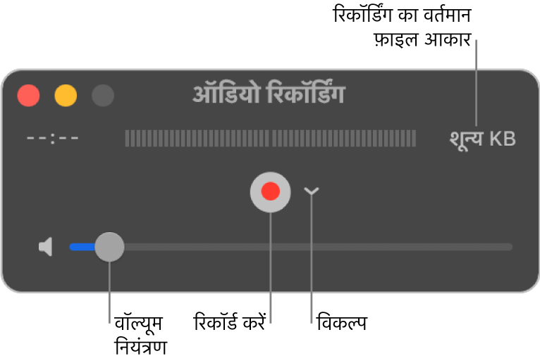 विंडो के बीच में “रिकॉर्ड” बटन और “विकल्प” पॉप अप मेनू वाली “ऑडियो रिकॉर्डिंग” विंडो तथा सबसे नीचे वॉल्यूम नियंत्रण।