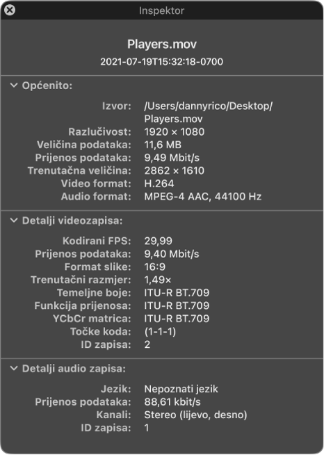 Inspektor filma koji prikazuje opće informacije o datoteci uključujući razlučivost, veličinu podataka te format audio i video zapisa. Prozor također prikazuje detalje video i audio zapisa o odabranoj datoteci.