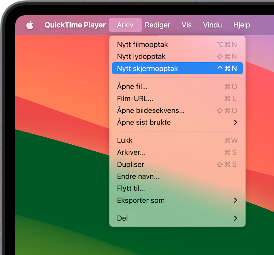 Arkiv-menyen er åpen i QuickTime Player-appen, og Nytt skjermbildeopptak-kommandoen velges for å starte opptak av skjermen.