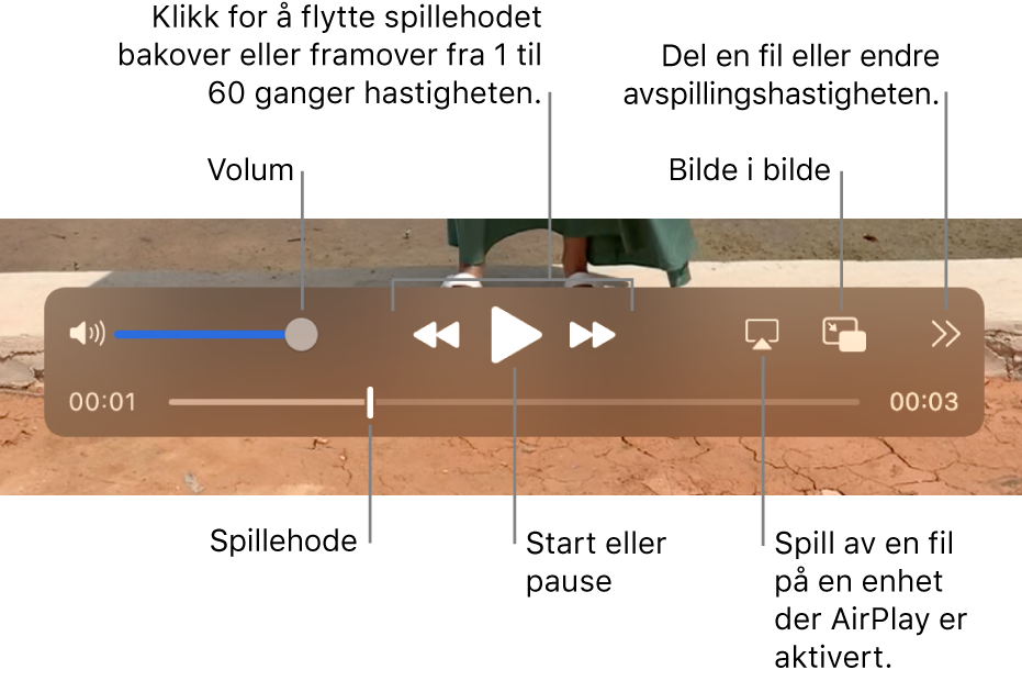 Kontroller for volum, tilbakespoling, avspilling, foroverspoling, avspilling av en fil på en AirPlay-aktivert enhet og endring av avspillingshastighet.