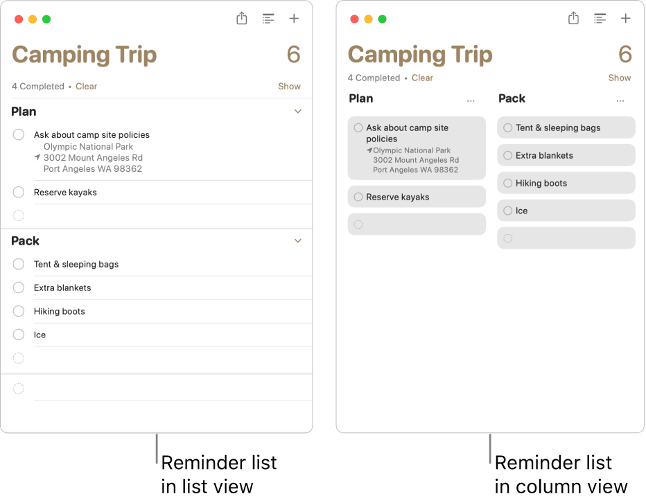 On the left a reminder list viewed as a list is shown; on the right the same reminder list viewed as columns is shown. The reminder list has two sections; the section titles are used for the column headings.