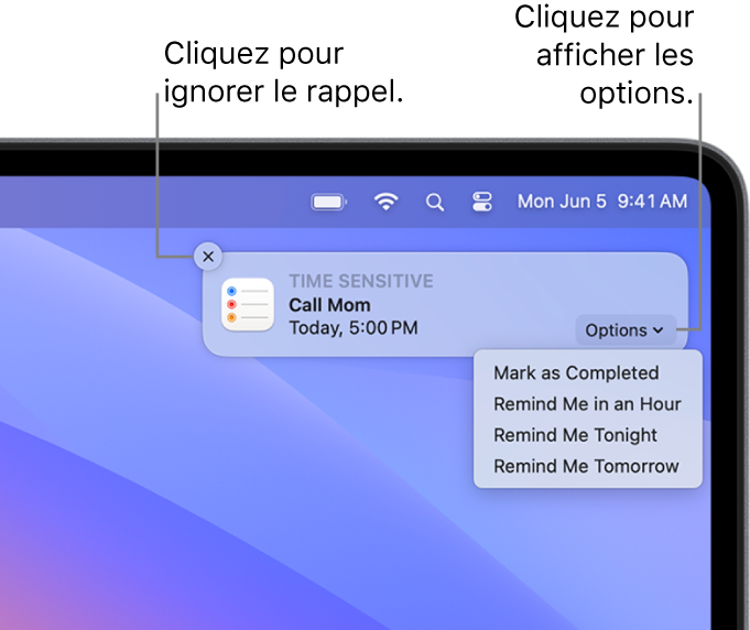 Notification Rappel avec les boutons Terminer et Plus tard.