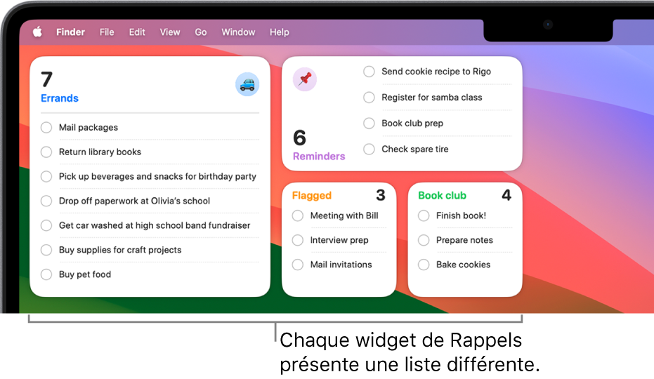 Quatre widgets Rappels sur le bureau, montrant chacun une liste différente.