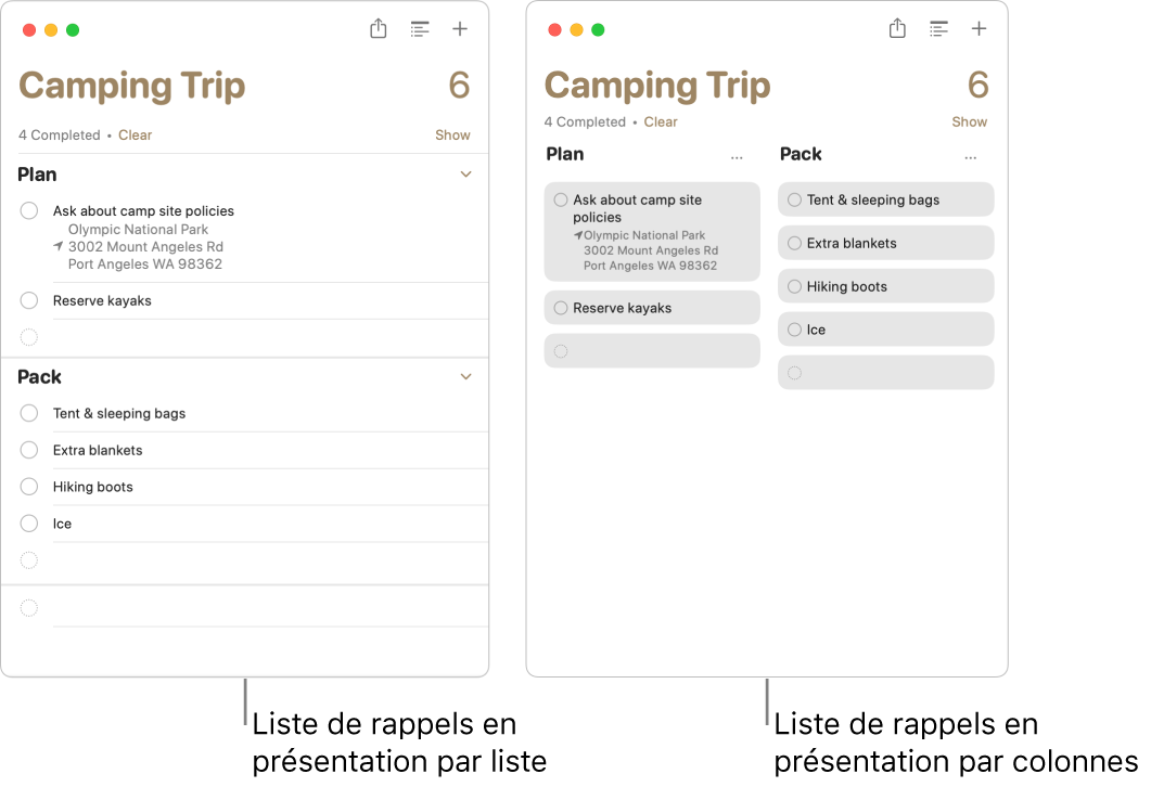 À gauche se trouve une liste de rappels affichée sous forme de liste ; à droite, la même liste de rappels affichée dans des colonnes. La liste de rappels comprend deux sections et les titres de ces dernières sont utilisés pour les en-têtes des colonnes.