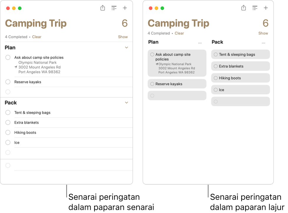 Di sebelah kiri, senarai peringatan yang dilihat sebagai senarai ditunjukkan; di sebelah kanan, senarai peringatan yang dilihat sebagai lajur ditunjukkan. Senarai peringatan mempunyai dua bahagian; tajuk bahagian digunakan untuk pengepala lajur.