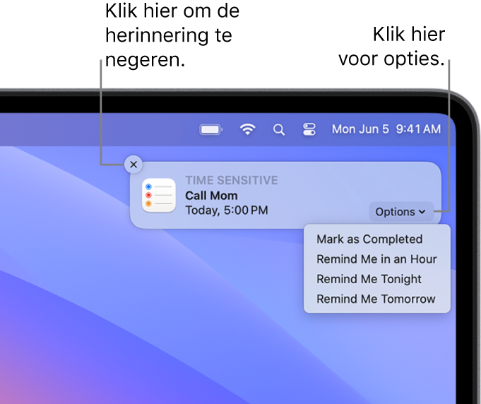 Een melding voor een herinnering met de knoppen 'Voltooid' en 'Later'.