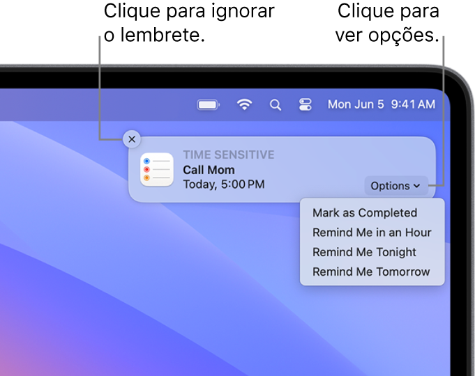 Uma notificação da aplicação Lembretes com os botões Concluído e “Agora não”.