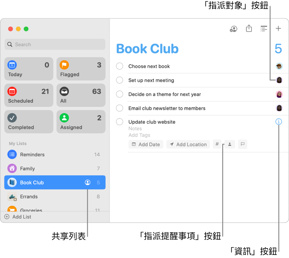 「提醒事項」視窗顯示一個共享列表，其中包含指派的提醒事項。